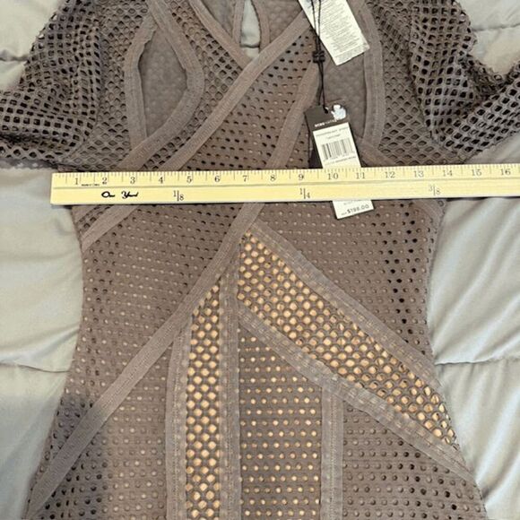 NWT BCBGMaxAzria Jaylynn Mesh Patchwork Dress Taupe Brown Bodycon Sexy Size XXS - Picture 8 of 13